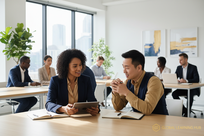 Two professionals having a feedback conversation in a modern office